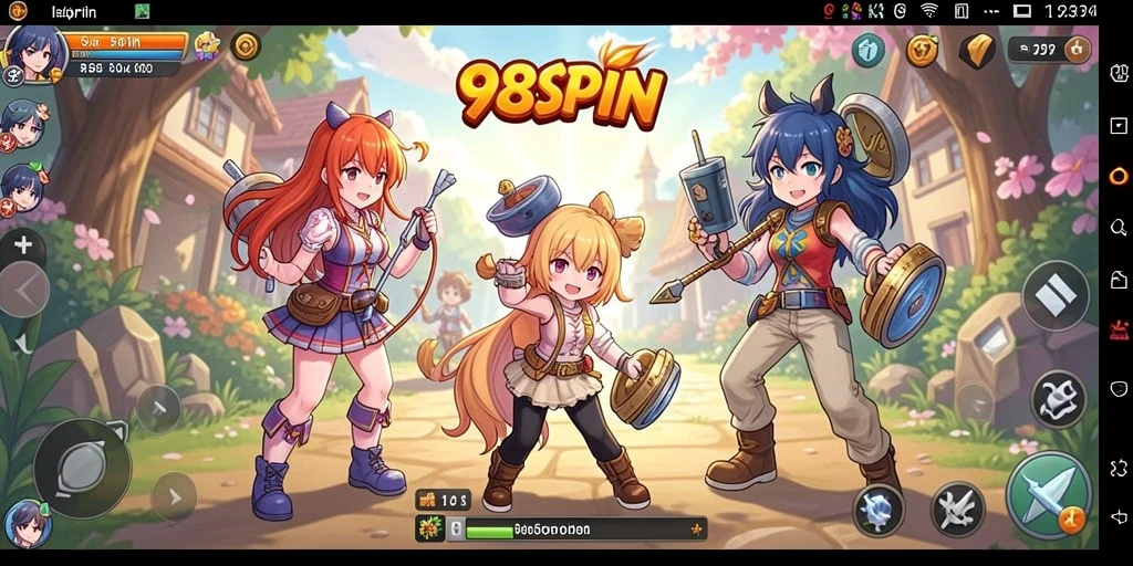 Screenshot dari gameplay 98SPIN menampilkan aksi karakter anime.