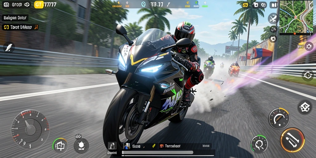 Screenshot gameplay GT777 menunjukkan aksi balapan motor yang intens.