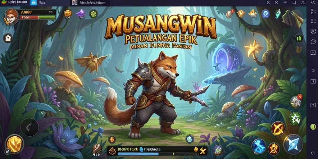 Screenshot gameplay MUSANGWIN yang memperlihatkan pertarungan epik dan eksplorasi.