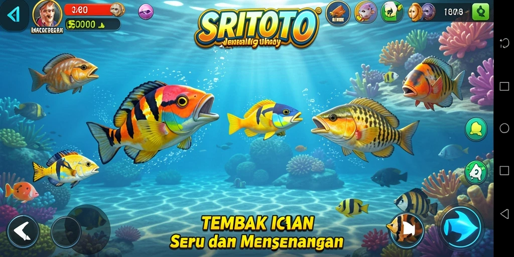 Tampilan gameplay SRITOTO dengan ikan-ikan yang berwarna-warni.